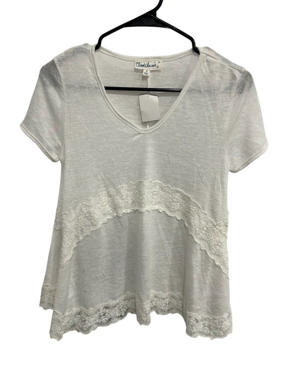 Cloud Chaser Small White Lace Trim V-Neck Short Sleeve Top Soft Girl Romantic